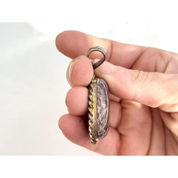 Dark Charoite Gemstone Rope Framed Bezel Set Sterling Silver 925 Vintage Pendant - Picture 6 of 10